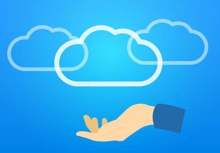 Flat vector illustration Cloud storage hosting blue backdrop with shine and handのイラスト素材