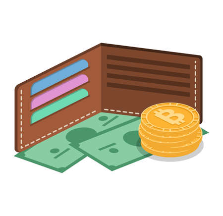 Isometric 3D vector concept a purse with money, cards and crypto currencyのイラスト素材