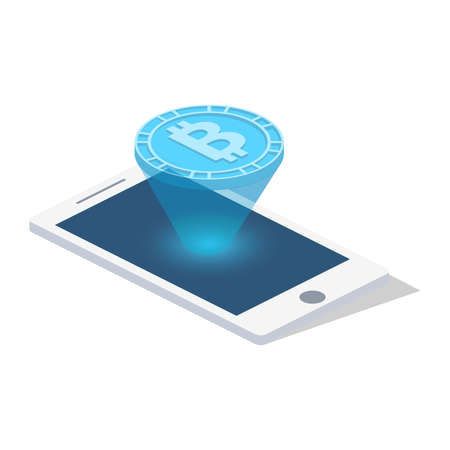 Isometric 3D vector illustration concept telephone with a bitcoin hologramのイラスト素材