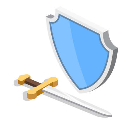 Isometric 3D vector sword and shield. Protection from enemies.のイラスト素材