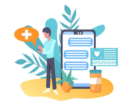Vector illustration web design mockup of medical landing site. Call and consult a doctor online. Modern vector design for web sites and mobile applicationsのイラスト素材