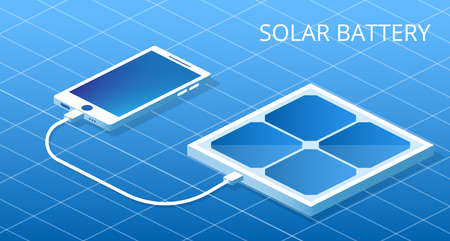 Landing website Powerbank working on the solar battery. The phone is charging from the solar panel concept isometric 3D vectorのイラスト素材