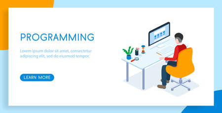 Isometric 3D vector illustration landing templates concept programmer at work. Workplace to work.のイラスト素材