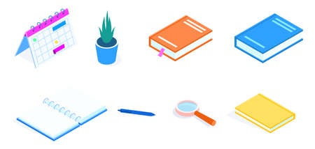 Modern vector isometric vector set. Include books, notes, calendar, plant, pen, lens.のイラスト素材