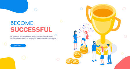 Stylish vector isometric Successful Teamworking illustration. Big golden goblet with people and team. Around lie gold coins as successのイラスト素材