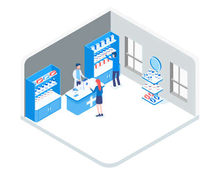 Concept of a blue pharmacy in a gray room with seller and buyers. Various medicines and cold remediesのイラスト素材