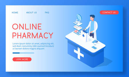 Landing concept of a blue pharmacy with seller. banner Various medicines and medicines for colds isometric vector illustrationのイラスト素材