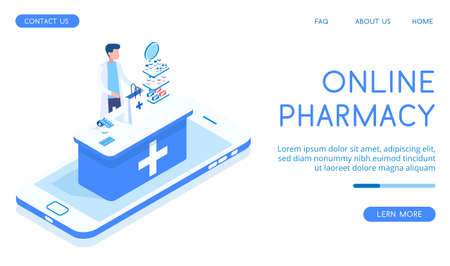 Landing concept of a blue pharmacy with seller. banner Various medicines and medicines for colds isometric vector illustrationのイラスト素材