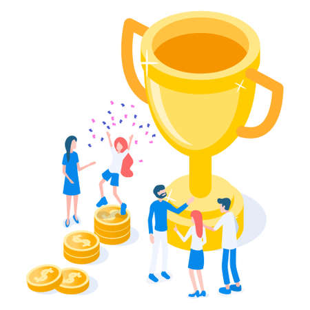 Stylish vector isometric Successful Teamworking illustration. Big golden goblet with people and team. Around lie gold coins as successのイラスト素材