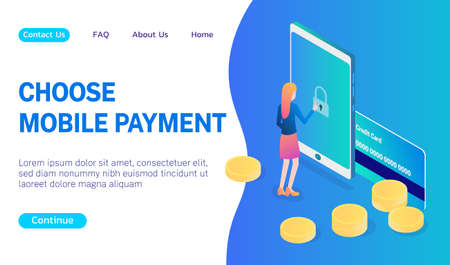 Concept of a user choosing a payment method for purchases blue gradient vector illustration. New mobile application for bank and bank payments.のイラスト素材