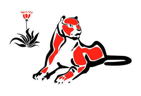Tiger lying down, black and red on white background, vector isolated.のイラスト素材