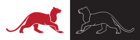 Two panther silhouette, vector outline of wildcat for logo or mascot. Isolated clip art.のイラスト素材