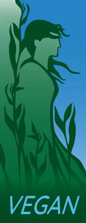 Vegan banner. Green silhouette of girl with leaves on sky background. Vector lifestyle illustration. のイラスト素材
