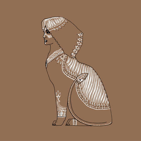 Decorative vector outline illustration of sphinx. Hand drawn doodle mythical creature. Sketch style.のイラスト素材