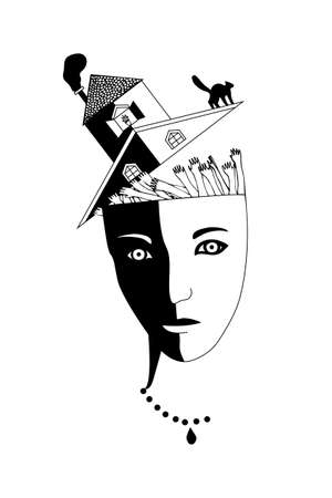 Conceptual image of a girl's head with a lot of people in brain. Symbol of schizophrenia, mental disorder, inadequacy.のイラスト素材