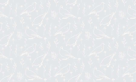 Hand drawn seamless pattern outline pigeons on meadow vector illustration of dove bird sketch style.のイラスト素材