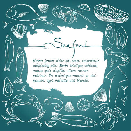 Seafood restaurant card. Hand drawn illustration of marine life animals.のイラスト素材