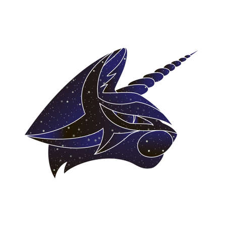 Magic cat unicorn head profile outline illustration. Vector line caticorn animal, night sky color silhouette isolated on white background.のイラスト素材