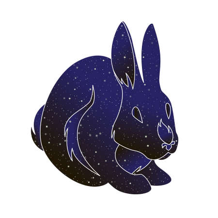 Bunny outline illustration. Stylized rabbit vector line animal, night sky color silhouette isolated on white background.のイラスト素材
