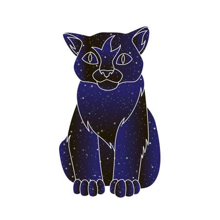 Cat outline illustration. Stylized kitten vector line animal, night sky color silhouette isolated on white background.のイラスト素材