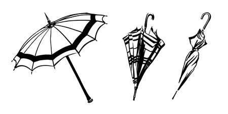Set of open and closed hand drawn umbrellas. Vector sketch black isolated illustration on white background.のイラスト素材