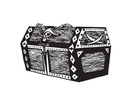 Old wooden pirate treasure chest. Hand drawn sketch illustration. Vector black ink drawing isolated on white background.のイラスト素材