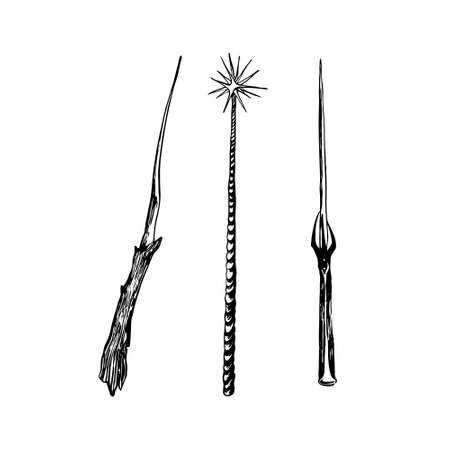 Set of magic wands. Hand drawn sketch illustration. Vector black ink drawing isolated on white background. Grunge style.のイラスト素材
