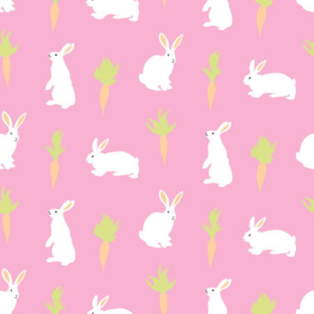 Happy Easter day seamless background. Vector cute white bunny rabbits and carrots on pink background. Decorative hand drawn childish pattern, cartoon style.のイラスト素材