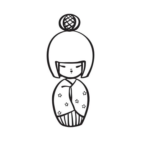 Hand drawn kokeshi doll. Vector black ink drawing isolated on white background. Graphic traditional Japan toy illustration.のイラスト素材