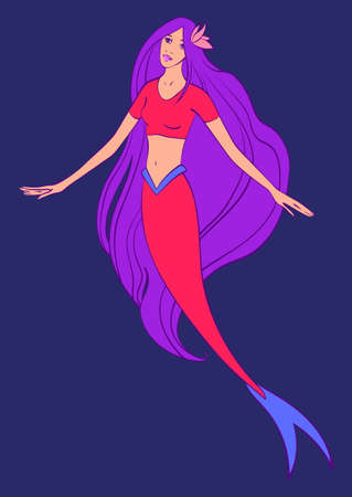 Beautiful mermaid with flower in flowing hair. Vector cartoon magic young girl undersea illustration, fantastic creature isolated on blue background.のイラスト素材