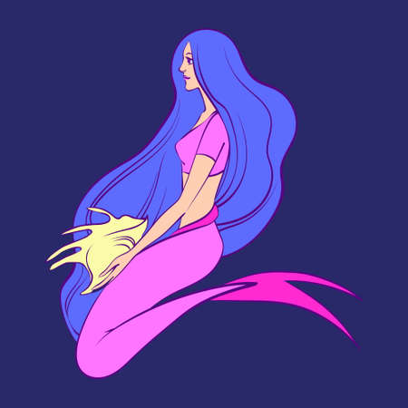 Beautiful sitting mermaid with shell in her hands. Vector cartoon magic young girl undersea illustration, fantastic creature isolated on blue background.のイラスト素材