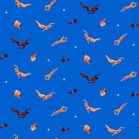 People mixed race swimming in pool with balls. Swimmers in water. Summer sea or ocean diving enjoy activity. Seamless pattern vector illustration.のイラスト素材