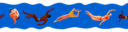 People mixed race are swimming in a river. Swimmers in water endless border vector illustration....