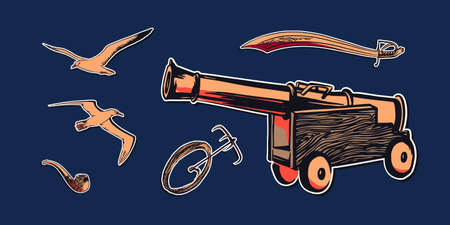 Hand drawn sketch pirate accessories set illustration with antique ship pirate cannon, sword, boarding or grappling hook with rope, smoke pipe, albatross and sea gull flying. Vector filibuster drawing stickers isolated.のイラスト素材