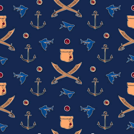 Hand drawn vintage pirate seamless pattern vector illustration. Antique paper scroll, sword, flying fish and anchor sketch endless background.のイラスト素材