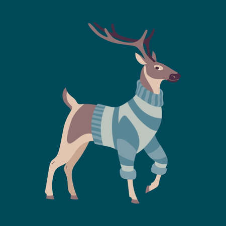 Deer dressed in warm knitted sweater. Scandinavian style vector wild forest animal. Cartoon retro character. Cute hugge autumn or winter illustration.のイラスト素材