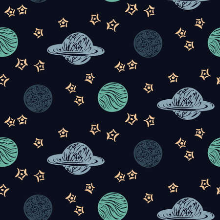 Hand drawn space galaxy vector seamless pattern. Night sky with stars and planets dark background. Graphic childish print in scandinavian style.のイラスト素材