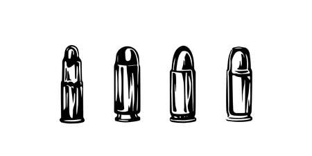 Hand drawn live ammunition set, ink drawing sketch weapon bullets vector, black isolated cartridge monochrome illustration on white background. Military design elements.のイラスト素材