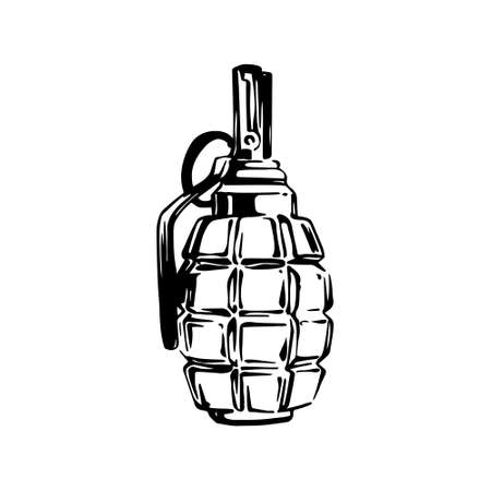 Hand drawn grenade, ink drawing sketch weapon vector, black isolated bomb illustration on white background. Military design elements.のイラスト素材