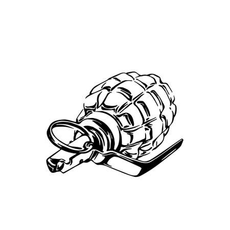 Hand drawn lying bomb grenade, ink drawing sketch weapon vector, black isolated illustration on white background. Military design element.のイラスト素材