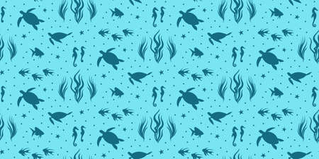 Vector seamless pattern with tortoise and fish. Blue underwater creatures silhouette illustration, repeating undersea endless background.のイラスト素材