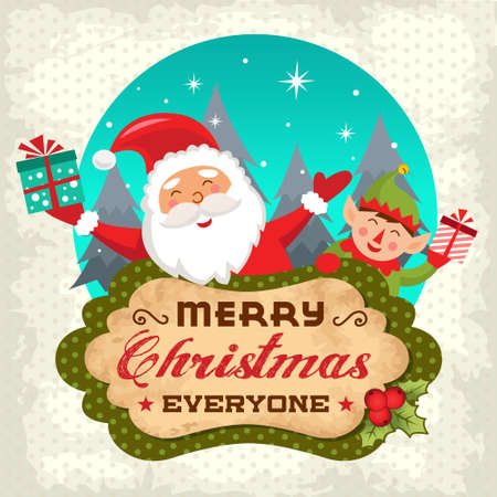 Retro Christmas background with Santa claus and Christmas elf.のイラスト素材