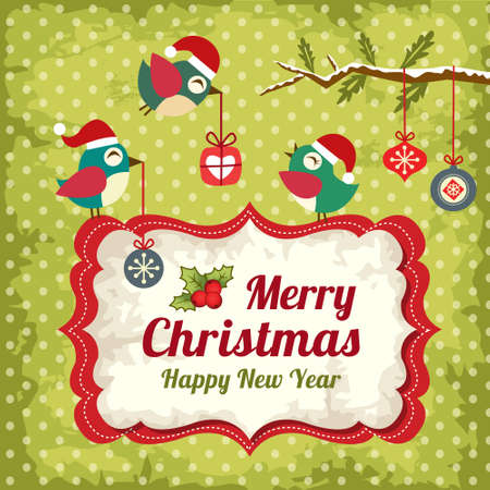 Retro Christmas background with birds.のイラスト素材