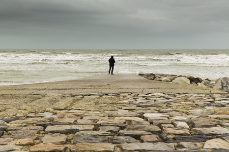 France Normandy Manche footbridge  facing  a dramatic ocean settingの写真素材