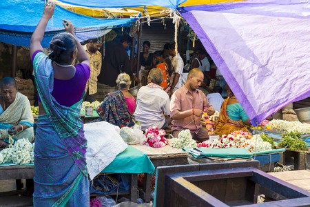 Illustrative documentary. Pondicherry, India, February 21, 2014. Sales of fruits vegetables and flowers in the main market, daily market.のeditorial素材