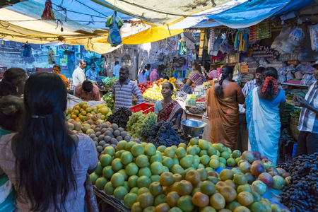 Illustrative documentary. Pondicherry, India, February 21, 2014. Sales of fruits vegetables and flowers in the main market, daily market.のeditorial素材