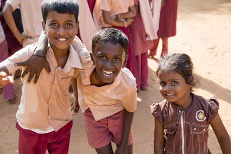 Documentary image. Pondicherry, Tamil Nadu,India - May 12 2014. School students in school, out school, in groups, with uniforms. In government schoolのeditorial素材