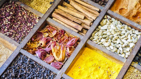 Spices and herbs. Variety of spices and oriental herbs. Food backgroundの写真素材