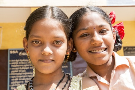 Pondichery, Tamil Nadu, India - March 03, 2014. In the school, portraits of indian boys and girls,...