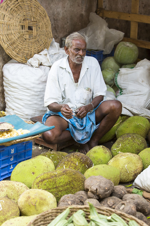 Illustrative image. Pondichery, Tamil Nadu, India - May 14, 2014. Vegetables and fruits market...